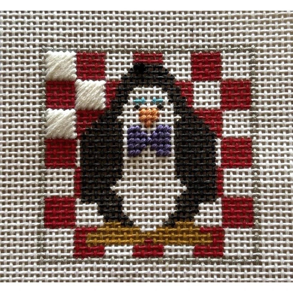 Needlepoint Canvas Handpainted Penguin Red Checkerboard Mini 6 1/2 x 7